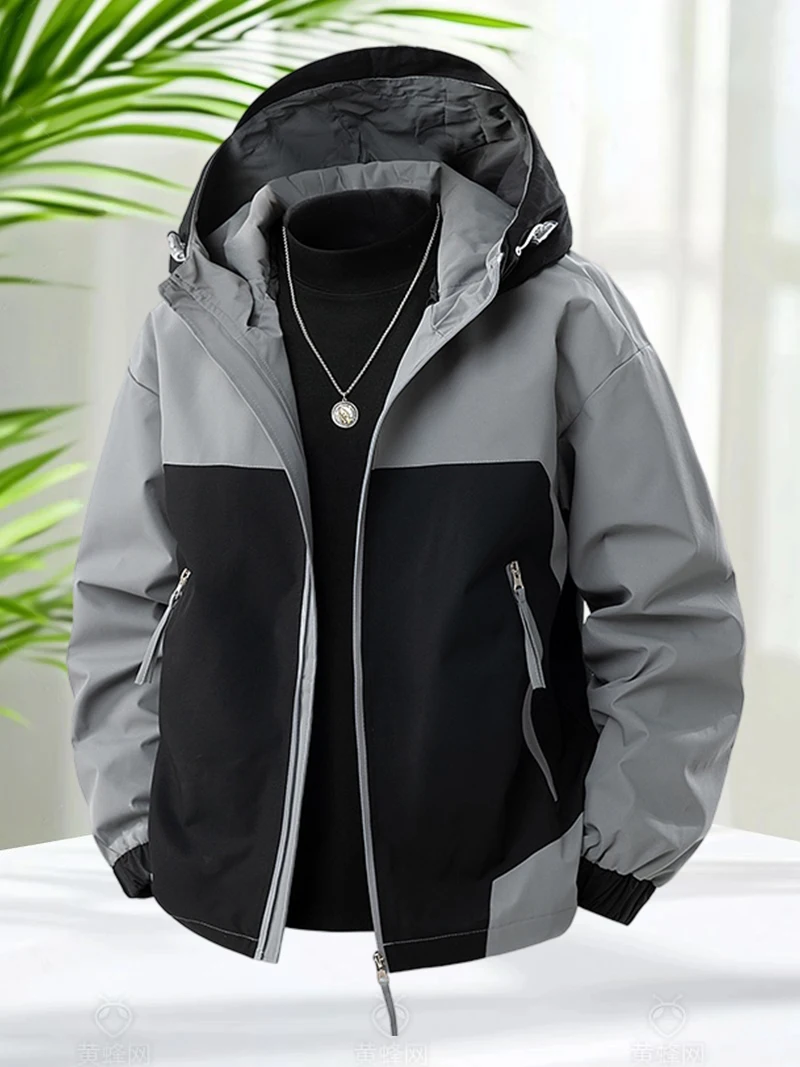 L-9XL Zip Up Hooded Jackets For Men Big and Tall Plus Size Windproof Jackets Patchwork Outerwear Coats Lightweight Spring Coat