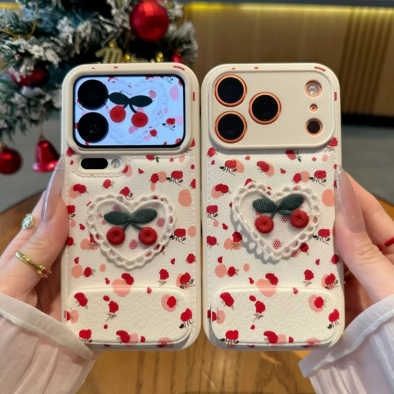 

Suitable for Apple 17 Pro max phone case leather pattern embroidered heart-shaped cherry iPhone 16 protective case