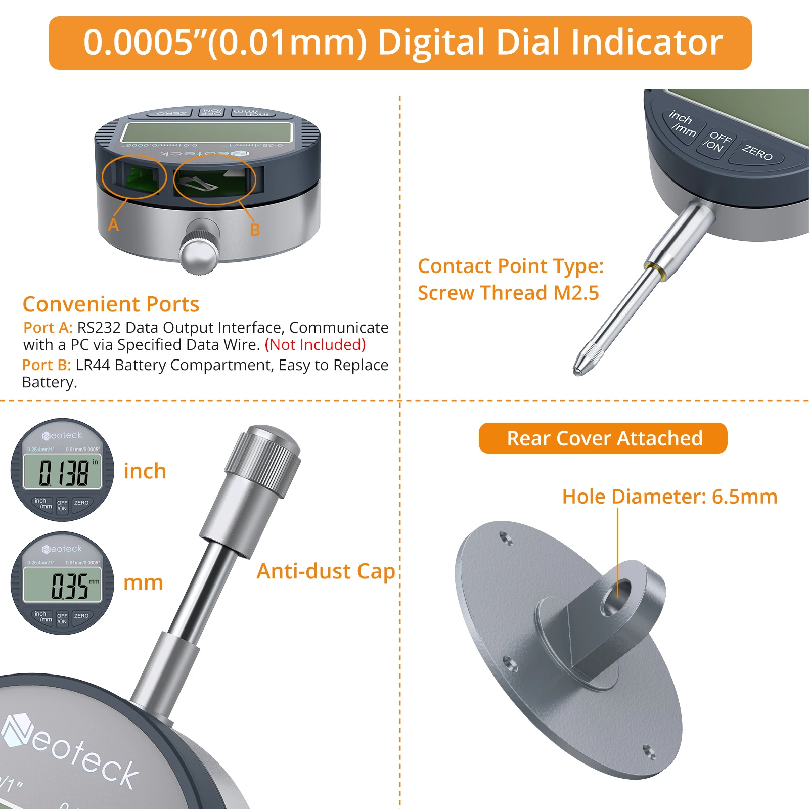 Neoteck Digital Dial Indicator Gauge With Magnetic Base 0-1 Inch/25.4 mm Inch/Metric Conversion Auto Off Featured Measuring Tool