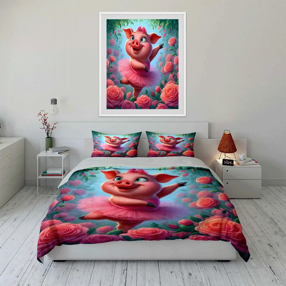 

3 Piece Adorable Dancing Pig room Decor bedding Exquisite three-piece bedding set gift for kids and adults