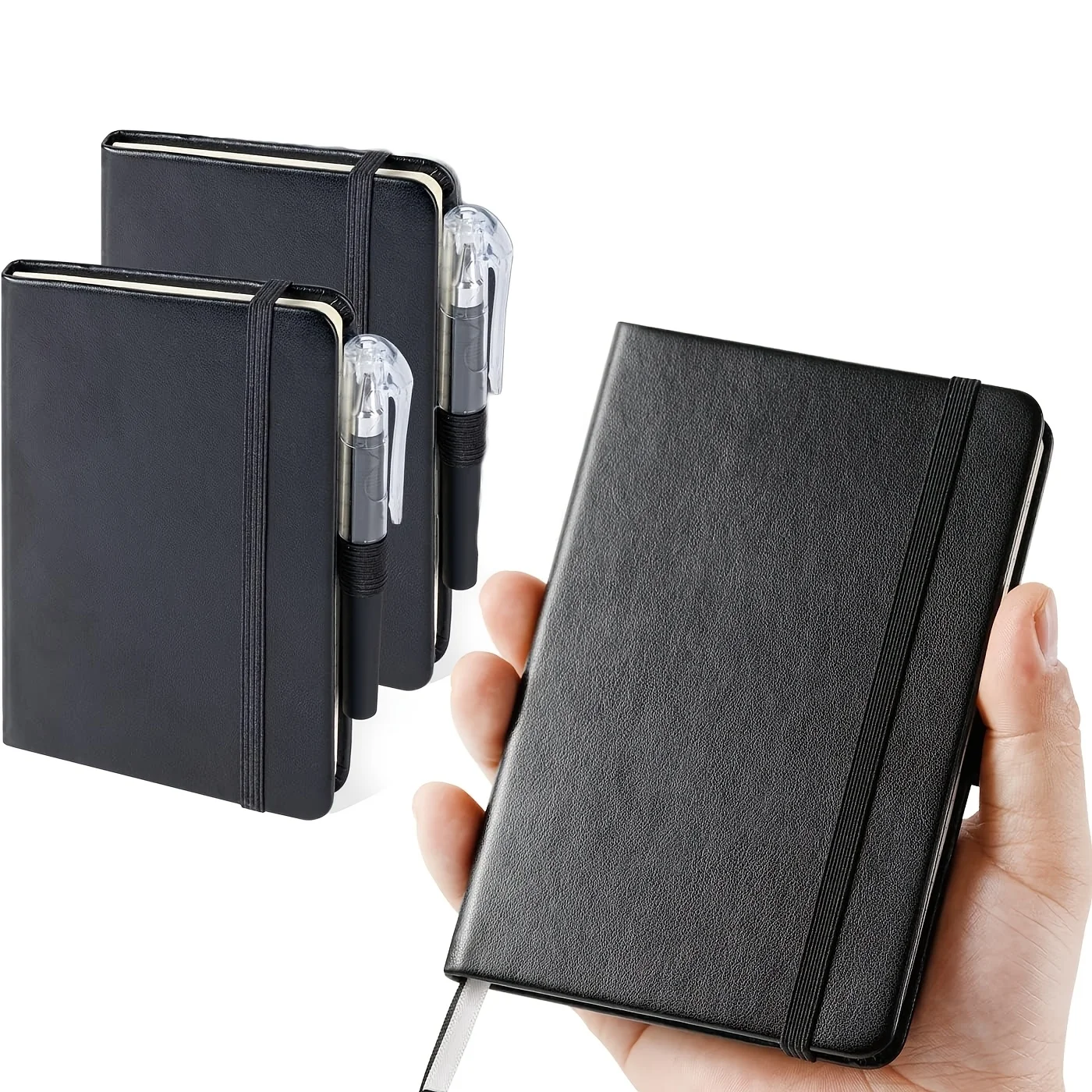 2pcs A6 Soft PU Leather Mini Pocket Notebook with Pen Elastic Band&Page Marker,Journal for Travel School Office Memo Notes
