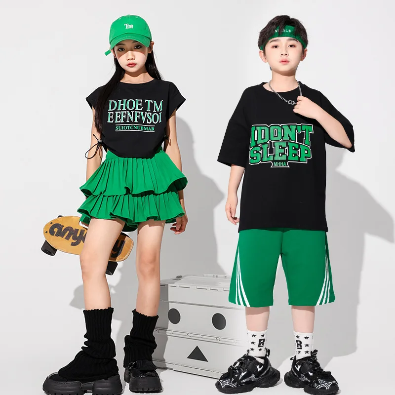 

Girls Jazz Dance Clothes Crop Tops Skirt Stage Performance Costumes Boys T Shirt Shorts Group Hip Hop Street Dance Clothing Suit