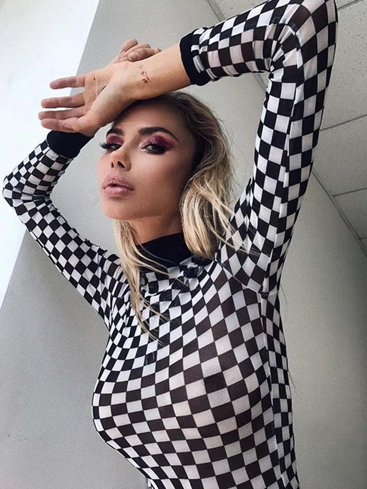 Sexy black white plaid checkerboard t-shirts for women Hollow out slim top female t-shirt long sleeve tee shirts