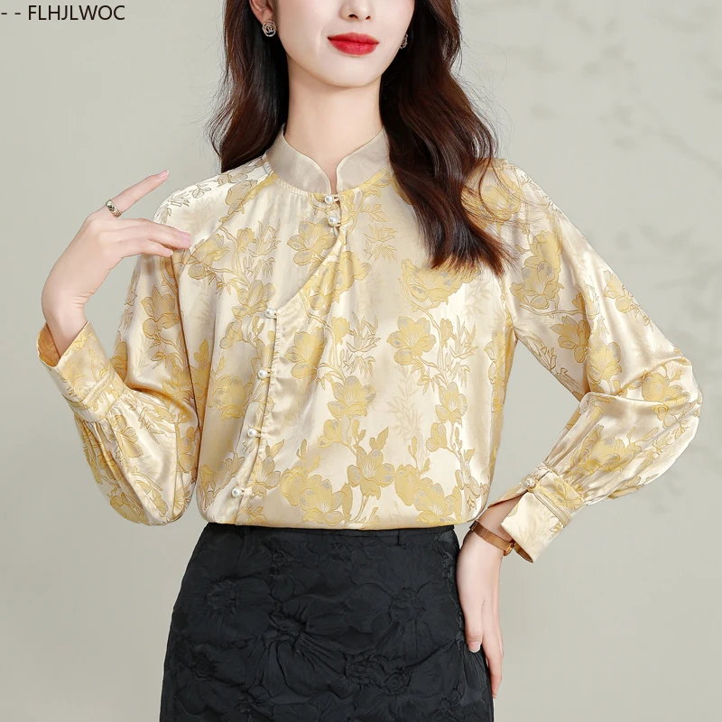 Neue Jahr Chinesischen Stil Shirt Frauen Mode Champagner Floral Gestickte Bluse Elegante Dame Stehkragen Retro Vintage Tops
