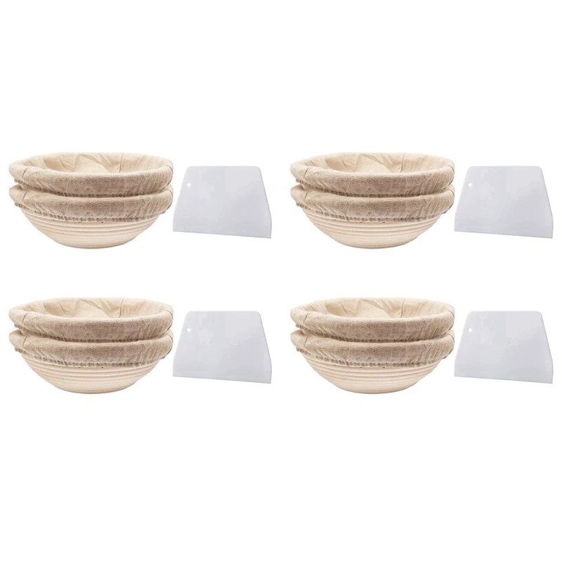 Round Set,8 Yeast Baskets For Bread And Bread Dough, Banneton Proofing Basket With Linen Inserts,Dough Scraper Set Round