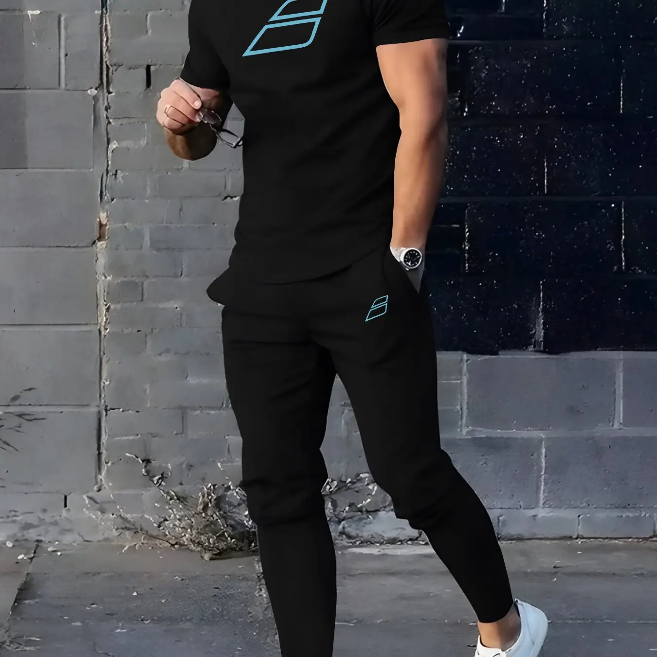 

Cotton Short Sleeve T-Shirt & Sports Pants Set, White & Black, Leaping Leopard & Letter Print, Perfect for Fitness & Casual Wear