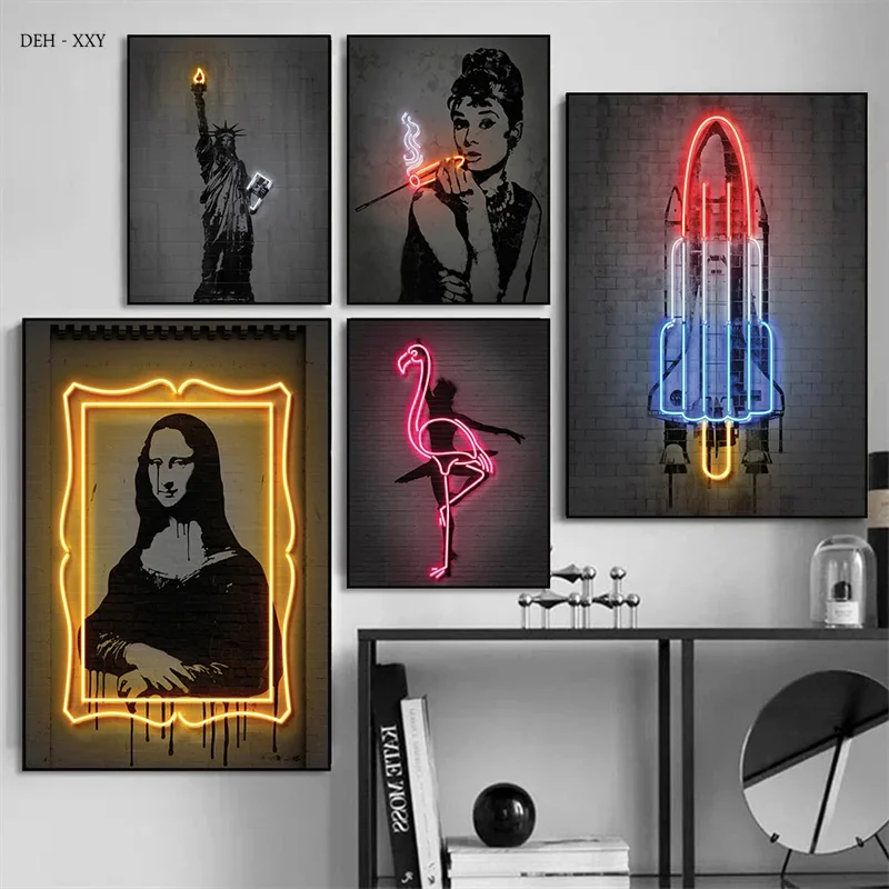 Neon Design Statue of Liberty Mona Lisa Canvas Posters Rocket Pictures Pop Street Wall Art  Modern Home Room Decoration