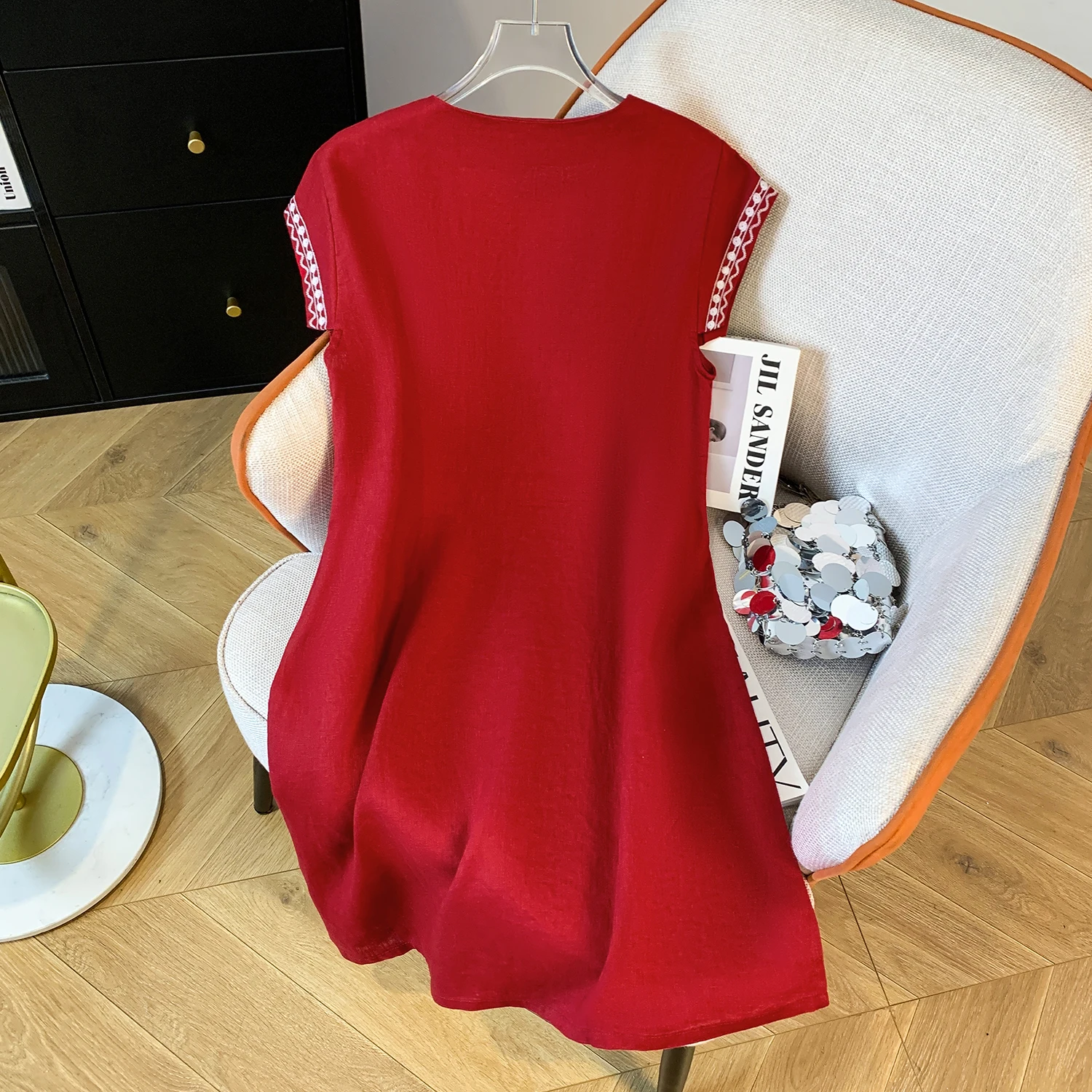Retro vermelho svel dr feminino saia bordada de comprimento médio cintura alta fina poliéster verão novo sle único eth