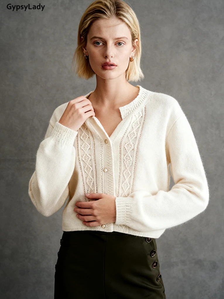 

French Chic Wool Knitted Retro Cardigan Sweater Women Hollow Out V Neck Autumn Winter Floral Jacquard Ladies Casual Knitwear