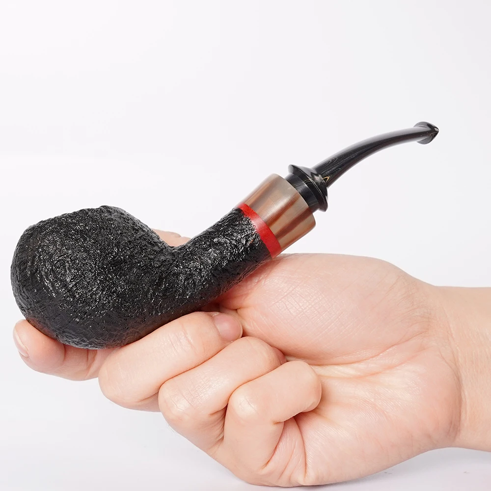 MUXIANG handmade briar wood pipe apple-shaped sandblasted pipe large built-in space curved vulcanized rubber pipe handle