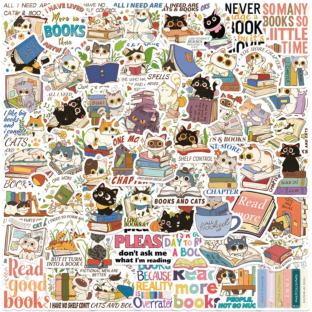

10/30/60pcs Cute Reading Cat and Book Stickers Funny Cartoon Creative Sticker Water Bottle Diary Phone Guitar Decals Decoration