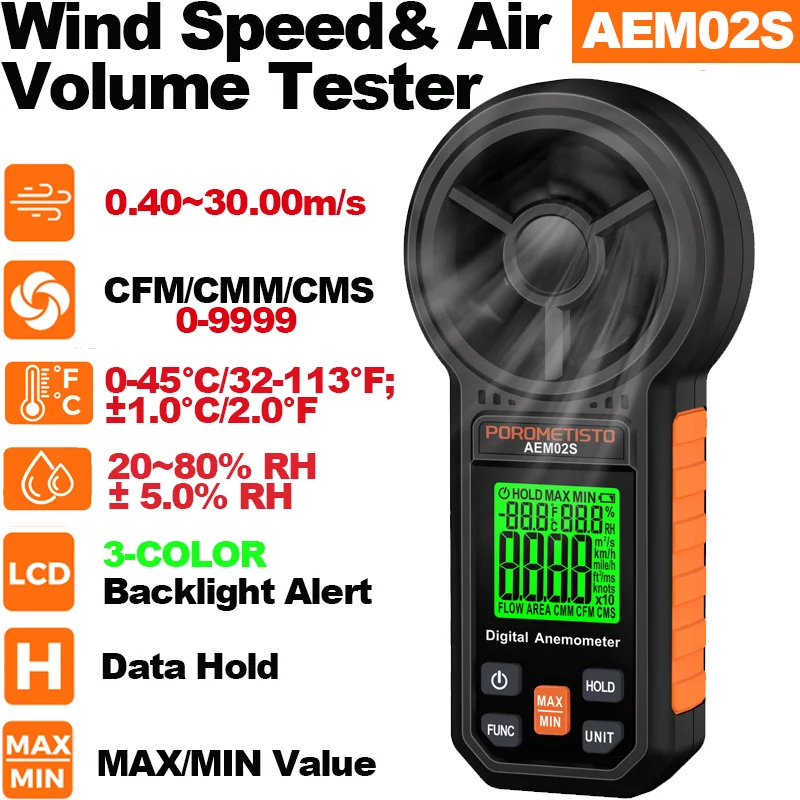 AEM02S Digital Anemometer Handheld Wind Speed Meter Airflow Tester With Backlight Air Volume Temperature & Humidity Measurement