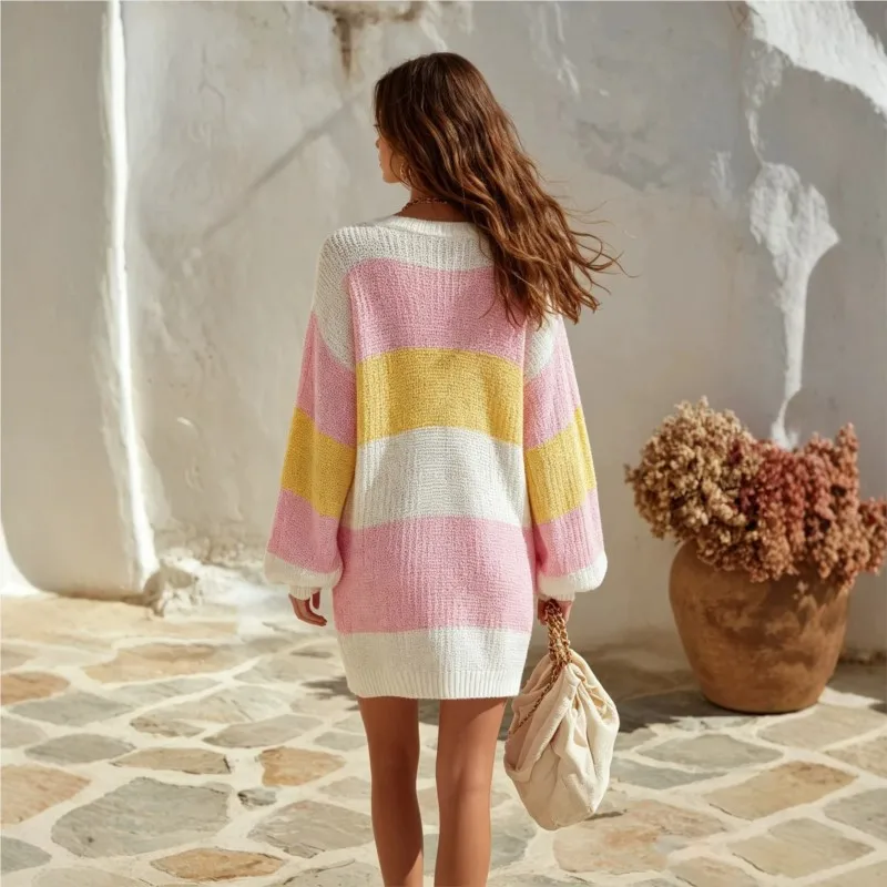Female holiday party  Women Color Striped Knit Dress Autumn Winter V‑Neck Long Sleeve Loose Casual pullover Mini Dress