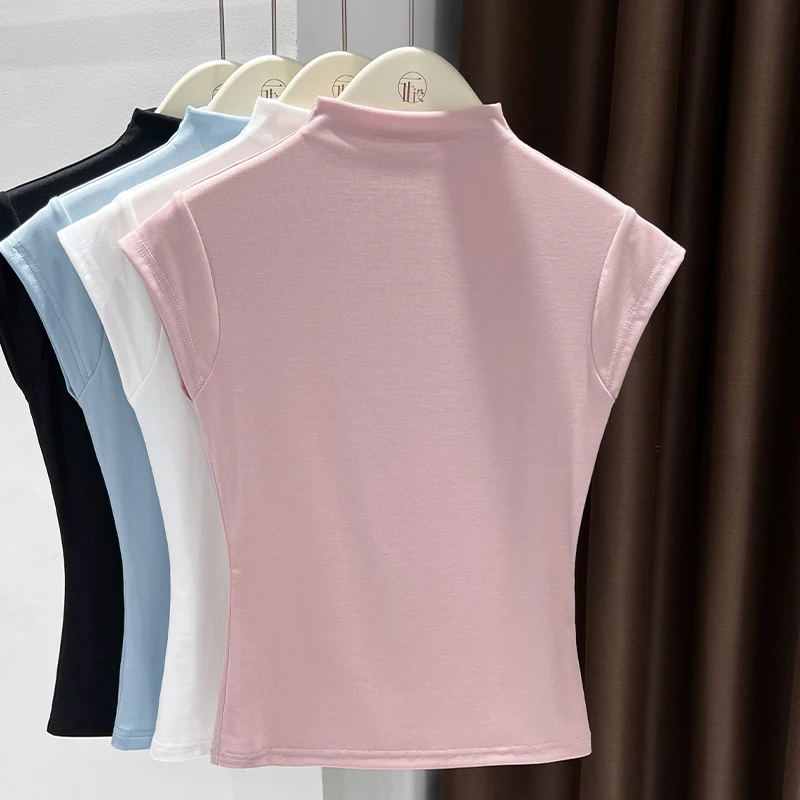 

Blue half-high collar ice silk sleeveless T-shirt women's summer 2025 new slim fit inner bottoming shirt top trend