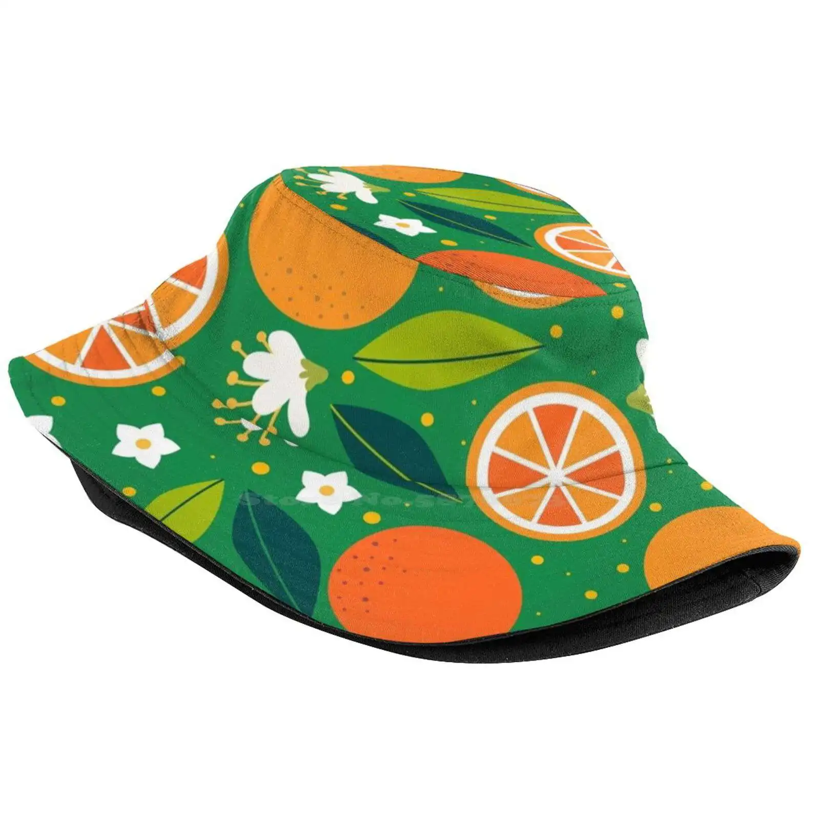 Citrus Vibes Sun Cap Fisherman Hat Bucket Hats Oranges Citrus Fruit Green Pattern Seamless Summer Garden Blossom Freshness