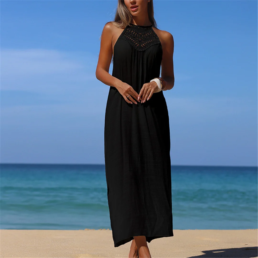 Einfarbige, ausgeschnittene, ärmellose, gehäkelte, gestrickte Tunika, Strand-Überwurf, Strandkleid, Strandbekleidung, Damenbekleidung, V7642 – Detail 9