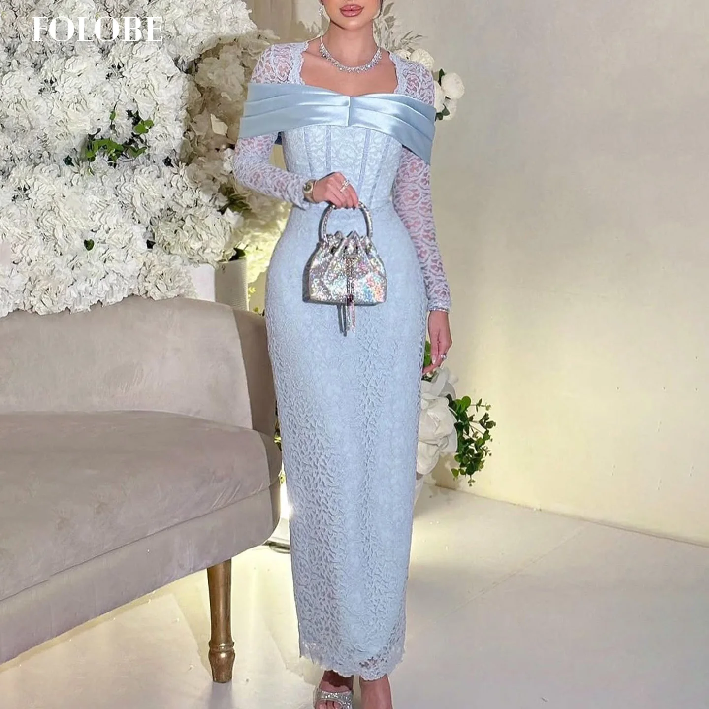 FOLOBE Lichtblauw Kant Avondjurken Elegante Vierkante Hals Zeemeermin Volledige Mouw Prom Jassen voor Vrouwen Trouwjurk Aangepast