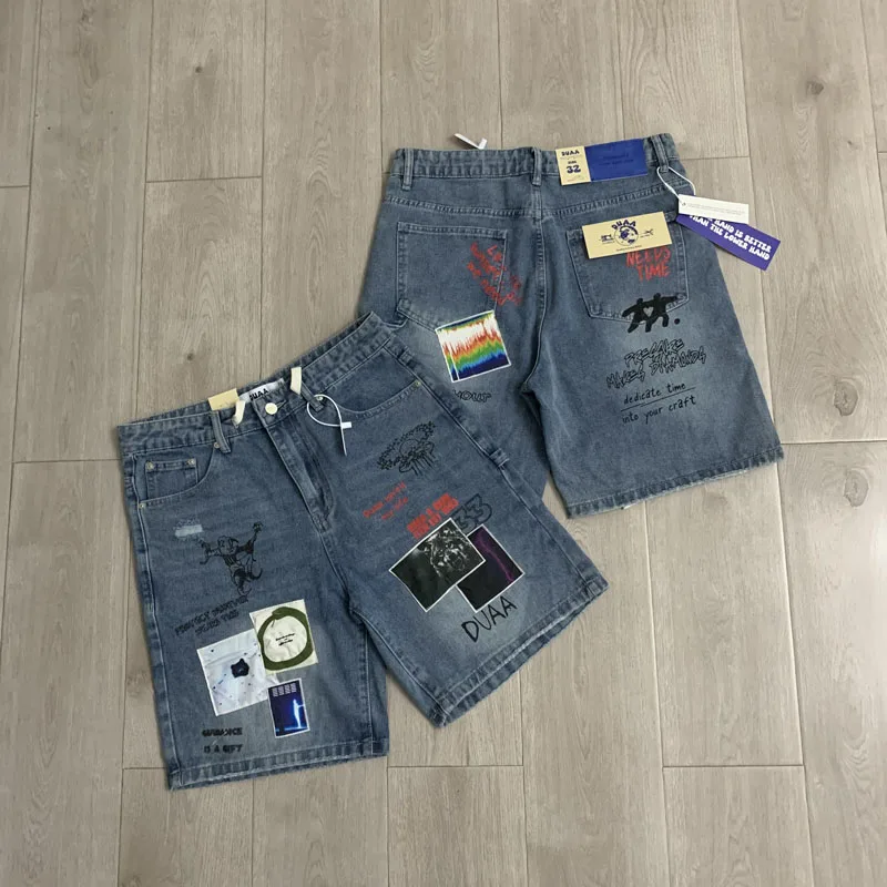 High Street Fashion Casual Jeans Embroidered All-match Fabric Blue Duaa Denim Shorts Stock