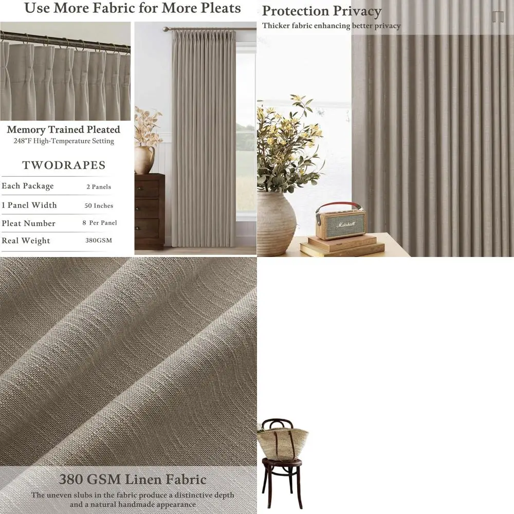 

72 Semi-Sheer Textured Burlap Curtains - Neutral Tan Brown, Light Filtering, Pinch Pleated with Back Tabs for Door or Closet, 2-