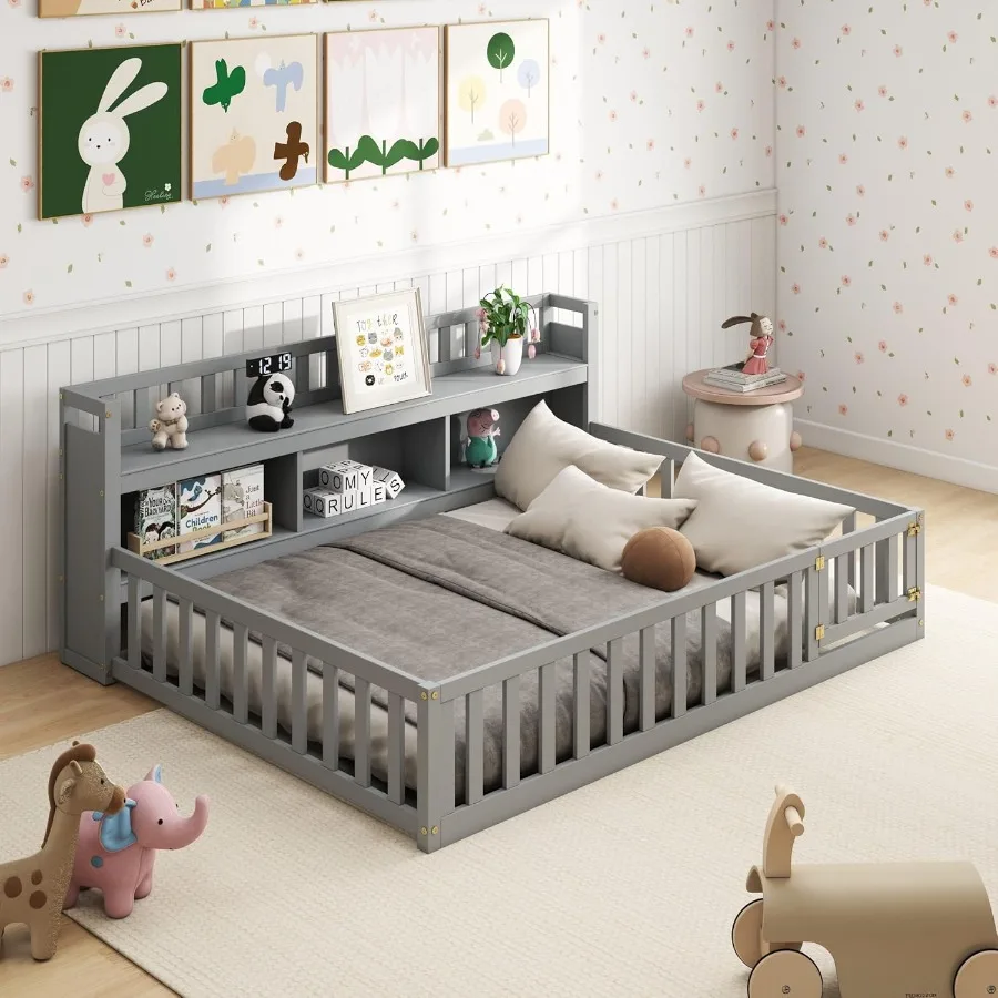 

Full Size Montessori Floor Bed Full Bed Frame with Bedside Bookcase and Doors Wood Floor Playhouse with Guardrail for Bo