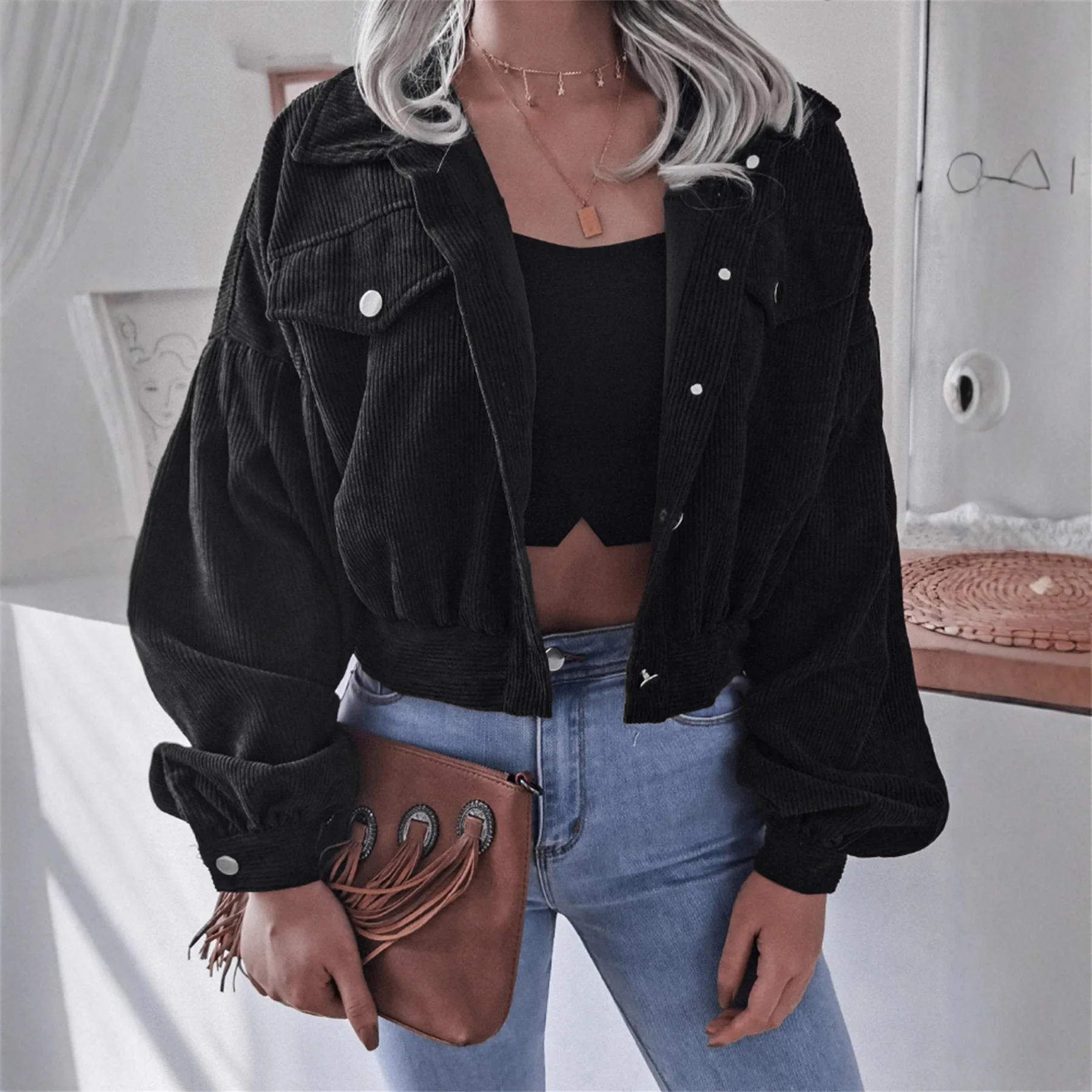 Corduroy Shacket Button Down Lapel Collar Oversized Loose Casual Long Sleeve Pocket Vintage Streetwear Jacket for Women Coat