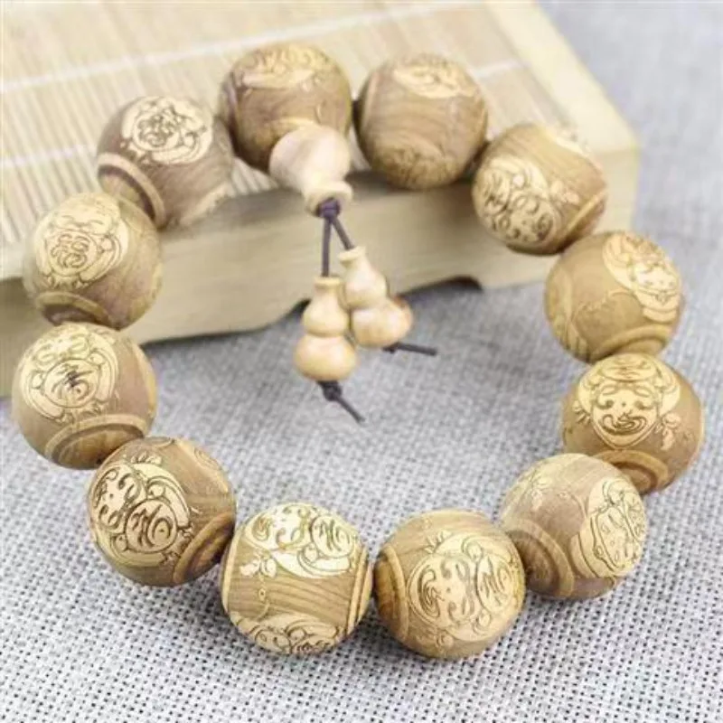 20MM Natural Thuja Cypress Wooden Creative Full Carved Buddha Beads Bracelet Dragon phoenix