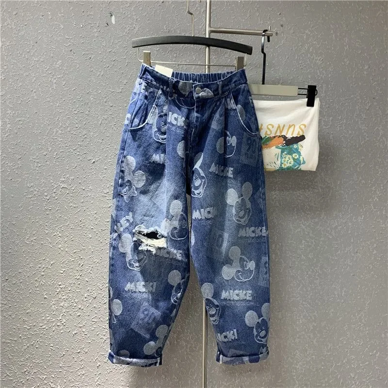 Celana Jeans Robek Mickey Kartun Disney Celana Harem Pelangsing Longgar Baru Musim Semi Musim Panas Wanita Pakaian Jalanan Wanita Pakaian Fashion Korea