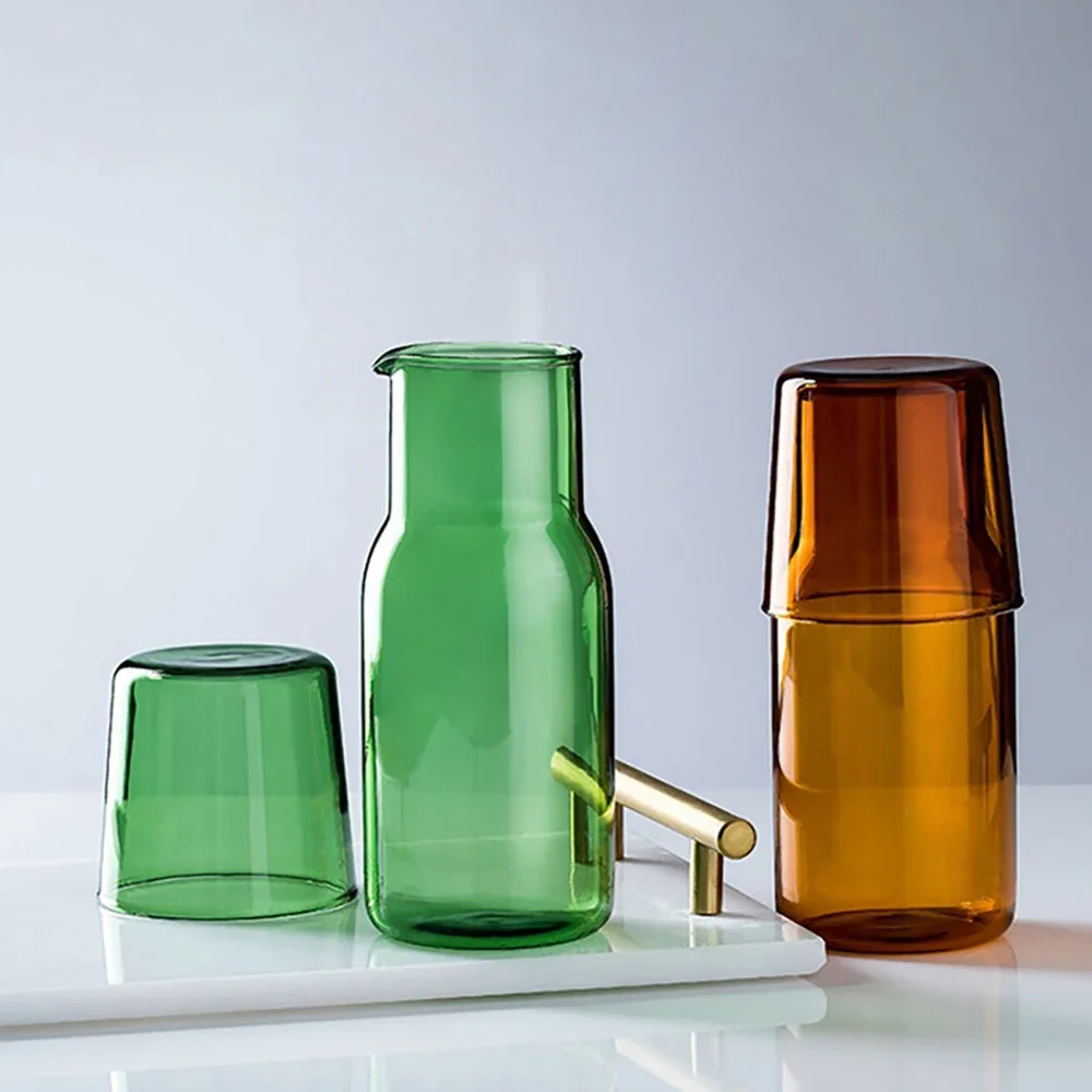Caraffa E Bicchiere Da Comodino In Vetro Vintage, Set Da Notte Con Decoro Floreale - 414 Ml E 148 Ml
