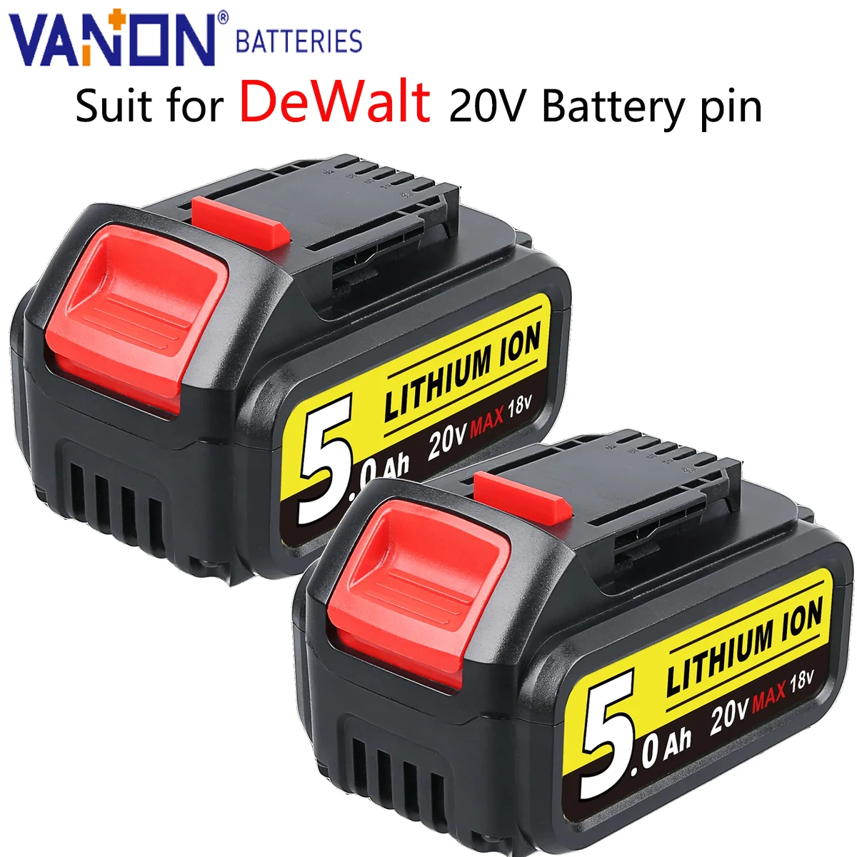 

2Pack Vanon 20V 5.0Ah DCB205 MAX Lithium Battery Replace for DeWalt DCB200 DCB183 DCB184 DCB202 DCB206 Cordles Tool Battery pin