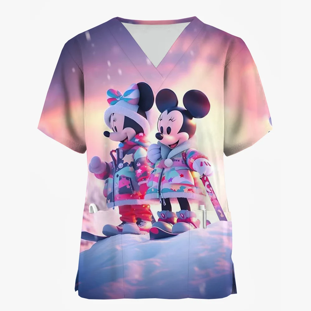 T-shirt uniforme da infermiera per la cura delle donne Disney Mickey Mouse Minnie print Christmas Printed manica corta Holiday Pattern Workwear Blous