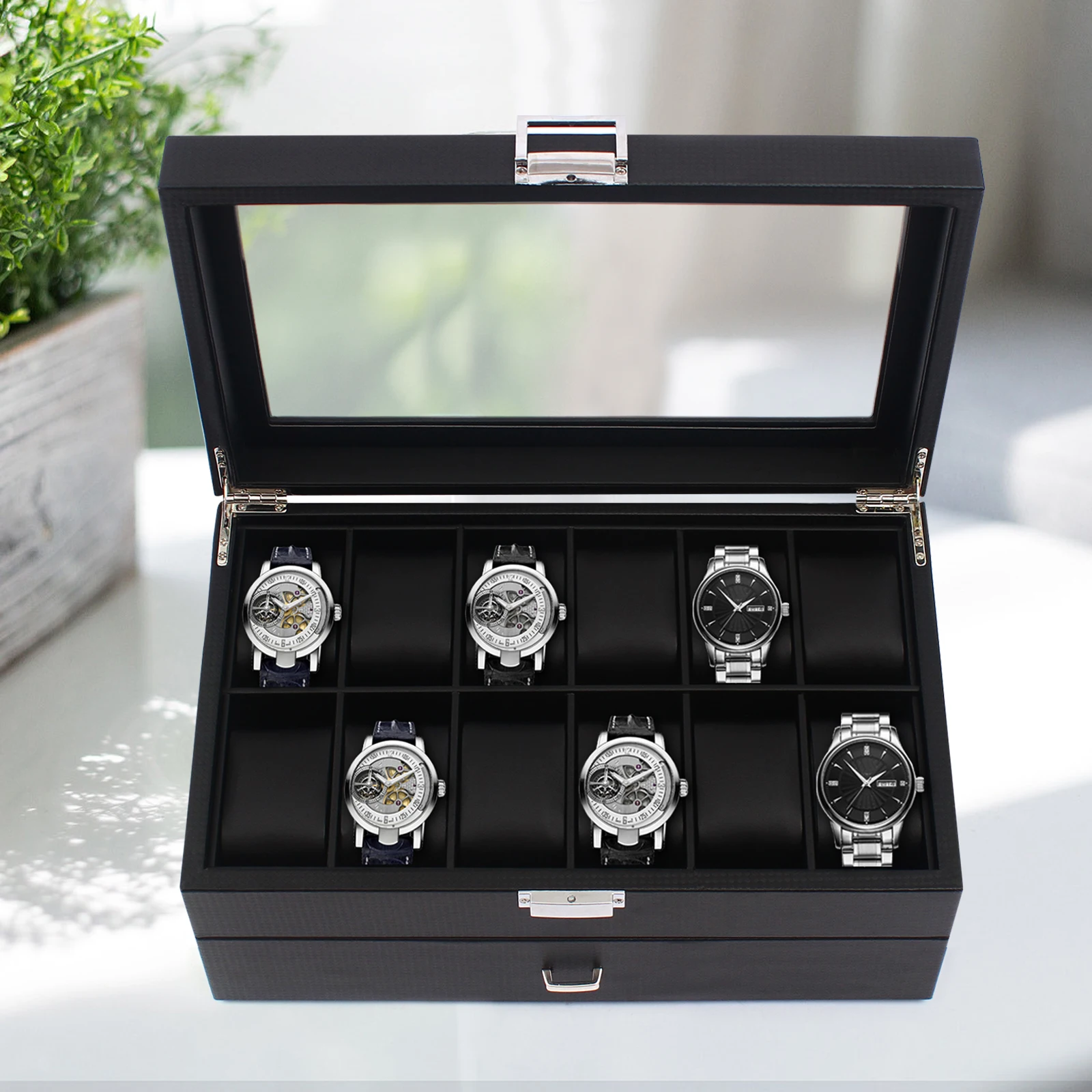 24 Slots Watch Box Case Glass Display Lockable Organizer with High Light-transmitting Glass for Storing Watches, Bracelets