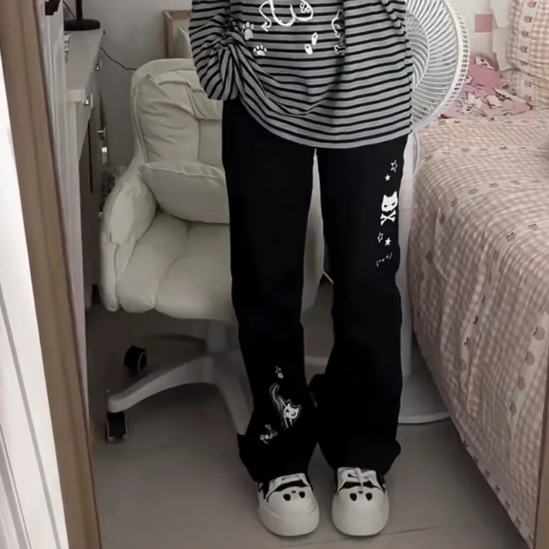 Y2k subcultura calças femininas japonês harajuku impressão dos desenhos animados preto perna larga perder casual cintura alta doce streetwear calças