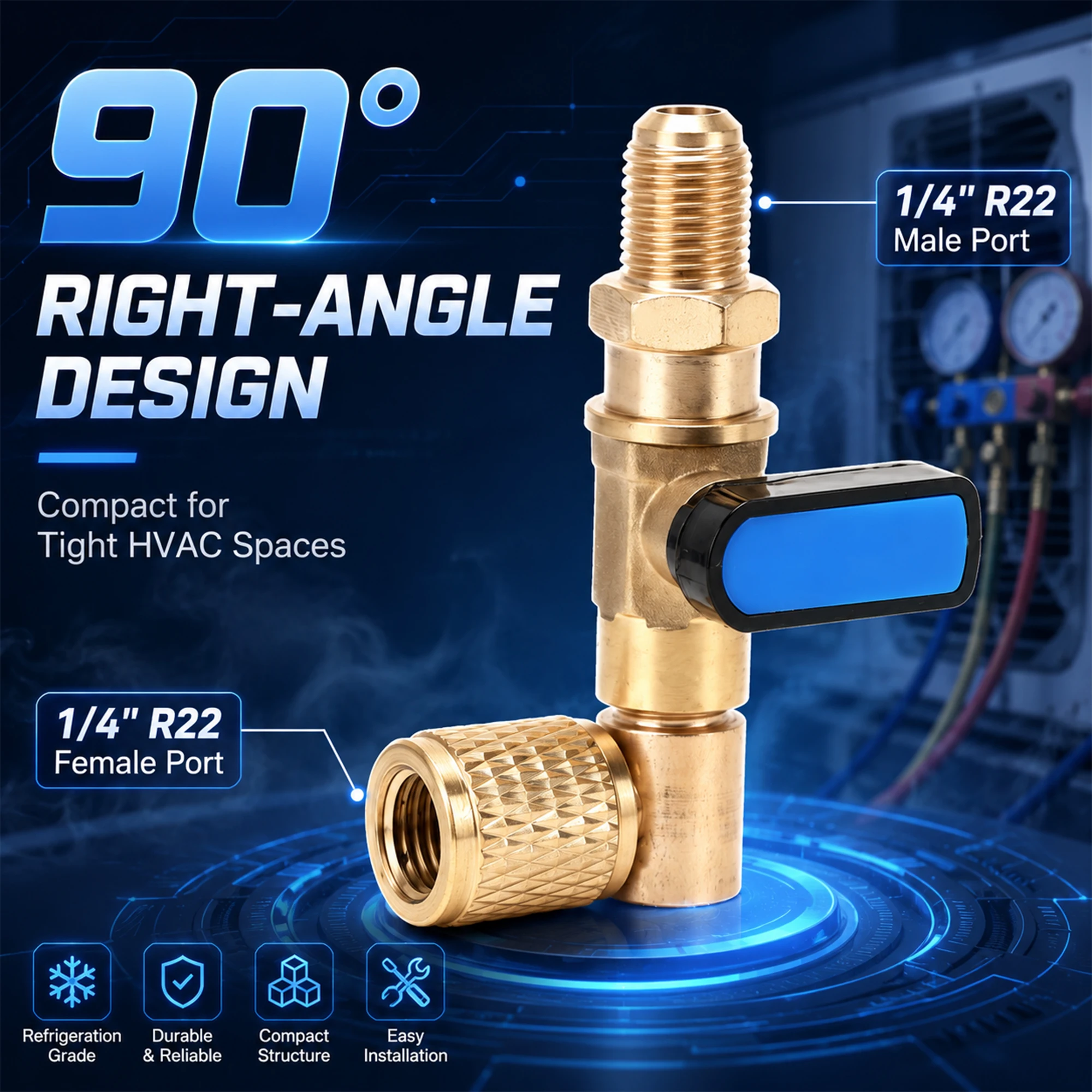 1/4 SAE HVAC Vacuum Ball Valve, 90 Degree Brass Shut Off Valve for R22 R12 R134a R404A Refrigeration AC Repair Service Tool