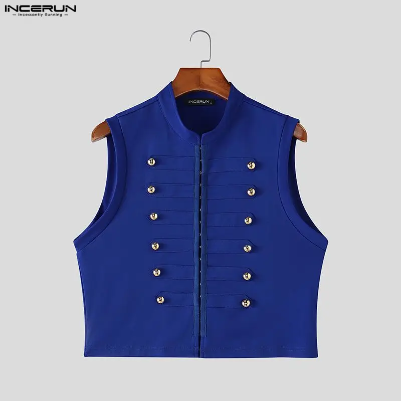 INCERUN Men's Tank Tops Solid Color Double Breasted Sleeveless Male Vests Streetwear Stand Collar Fashion Men Clothes Tops 2026