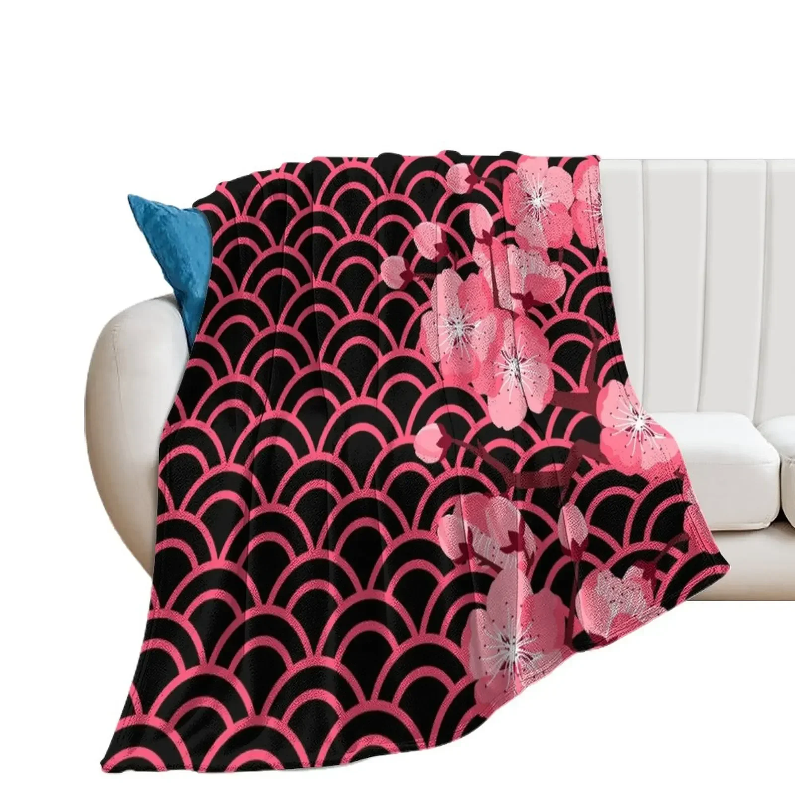 Bright Pink Japanese Sakura Flowers On Pink Wave Pattern Throw Blanket Flannels Bed Hair heavy to sleep Blankets