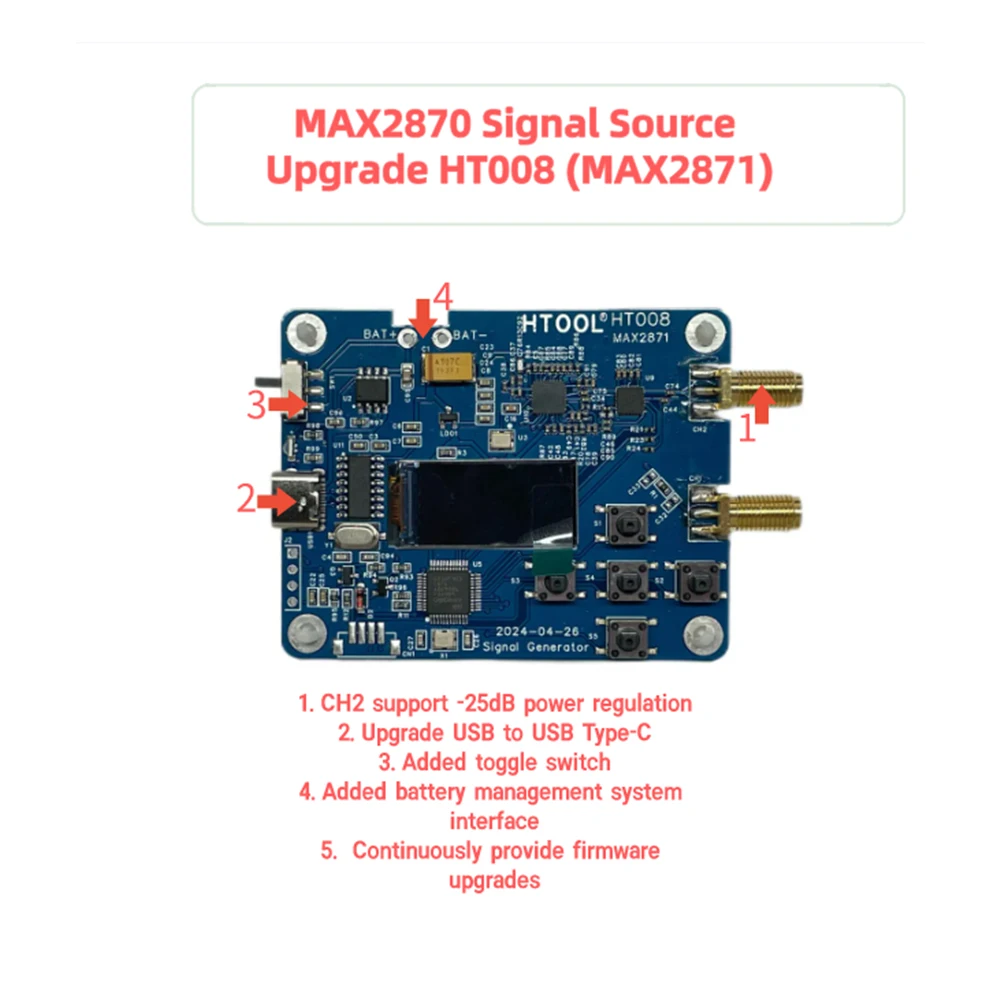 Nanovna HT008 MAX2870 Signal Source 23.5-6000MHz RF Module Consists of Serial Control CH2 support -25dB power regulation Upgrade