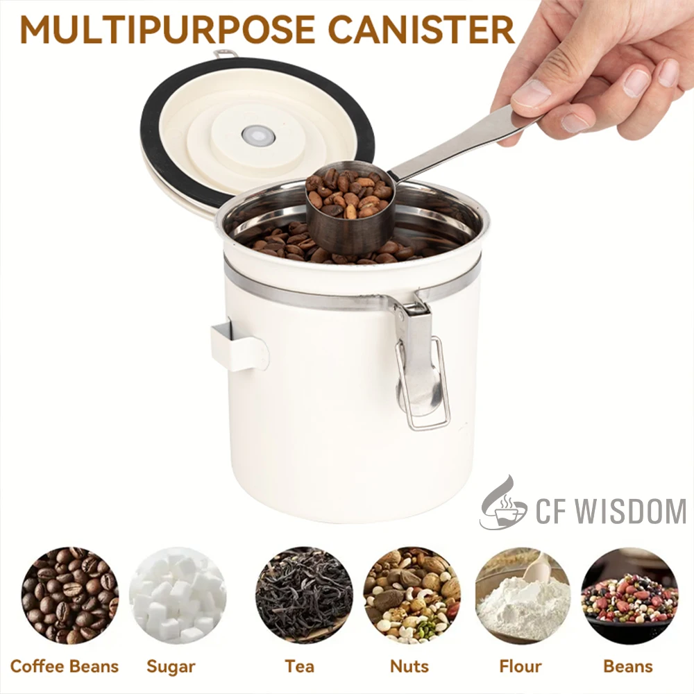 Toples Tertutup Kopi CF WISDOM, Toples Tertutup Baja Tahan Karat, Wadah Penyimpanan Makanan dengan Sendok, Wadah Biji Kopi, 1,5L