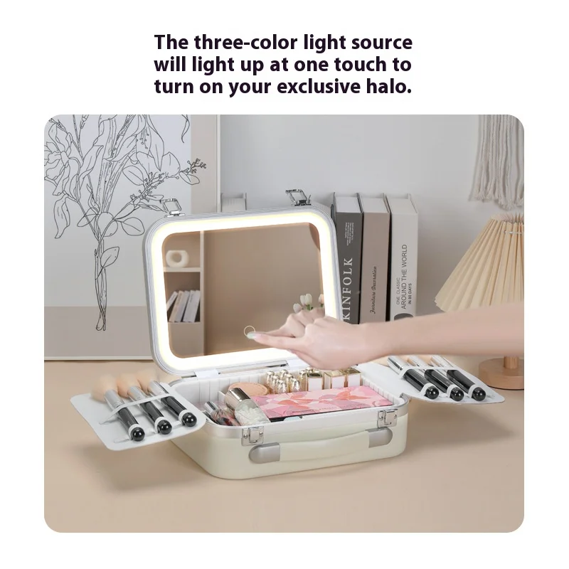 Portable makeup box with LED light and mirror, large-capacity portable cosmetic storage box for travel, ins style