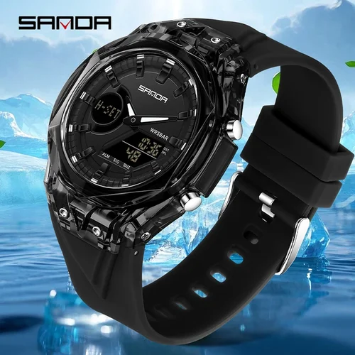 Imagen 2 del producto SANDA, relojes electrónicos de cuarzo a la moda para hombre, pantalla Dual, reloj despertador luminoso para estudiantes, reloj Digital LED deportivo resistente al agua