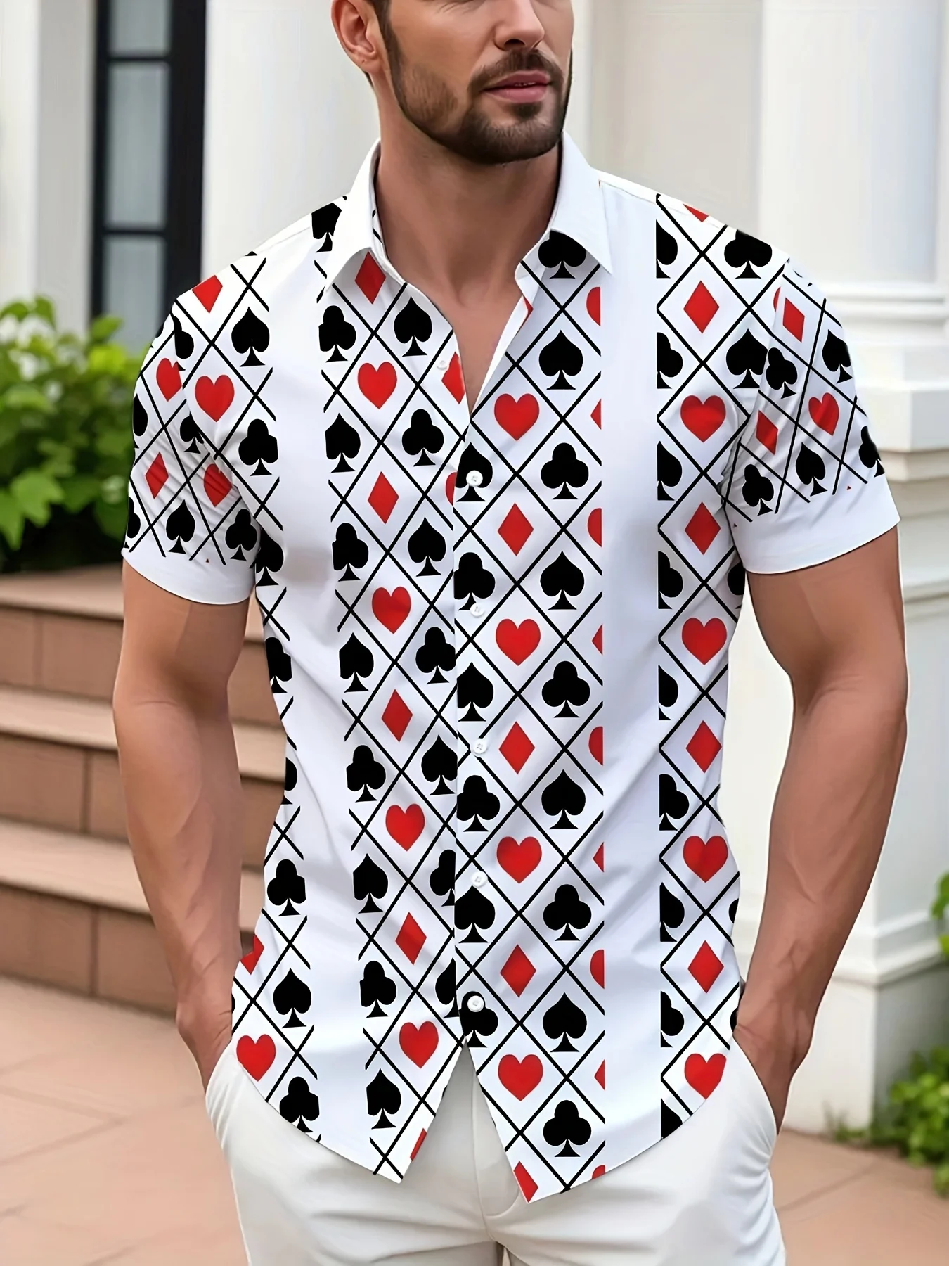 Men's Short Sleeve Button Shirt Playing Card Suit Diamond Lattice Print Casual Party Vacation Hawaiian Mens Clothing