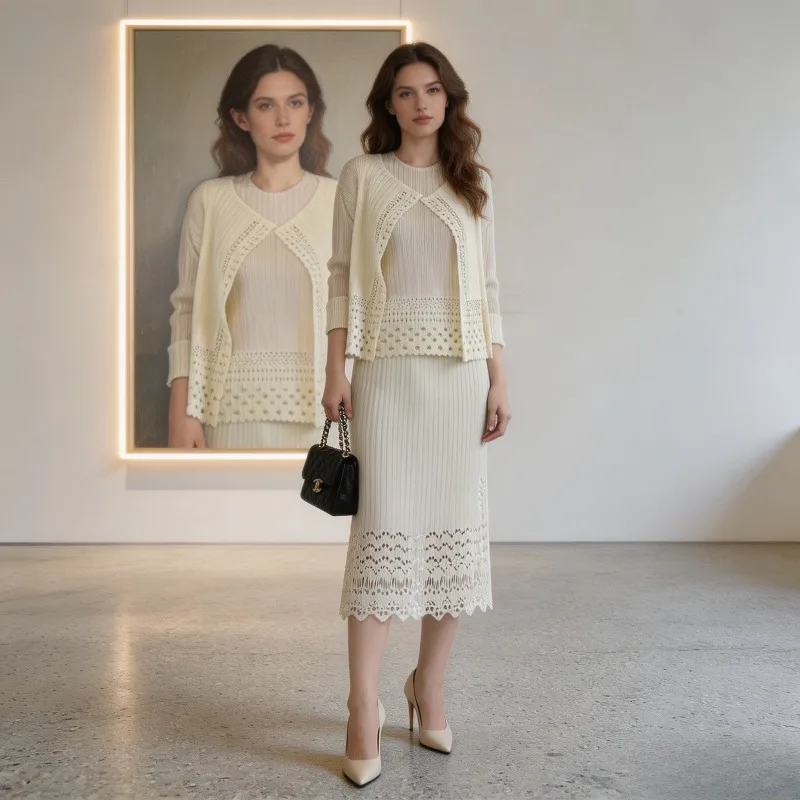 Miyake Pleated Original 2026 Summer Hollow Lace Set for Women Stylish Fashionable High-end Versatile Comfortable Two-piece Set