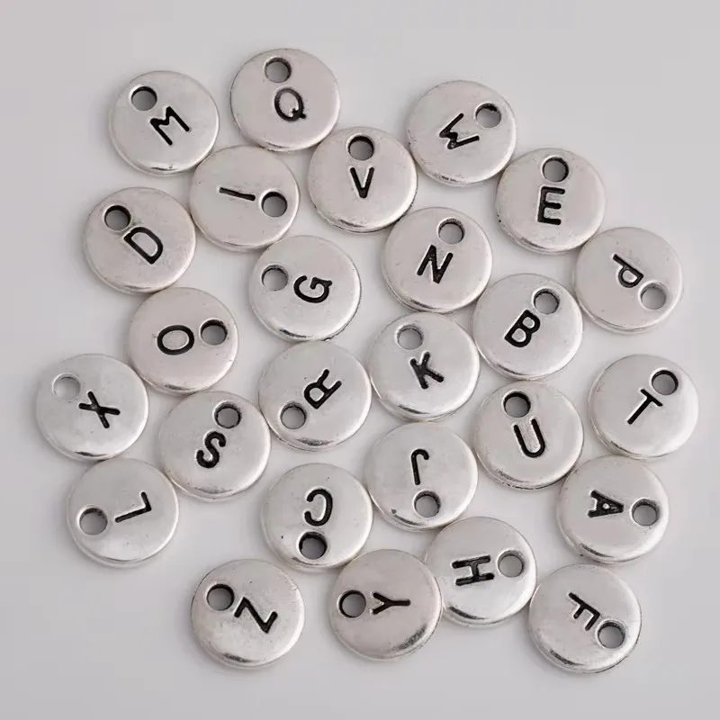 10pcs 10Mm Diy Round Antique Silver Color Alphabet Charms Initial Alloy Fittings Double-Sided Letter Pendant Jewelry Ornaments