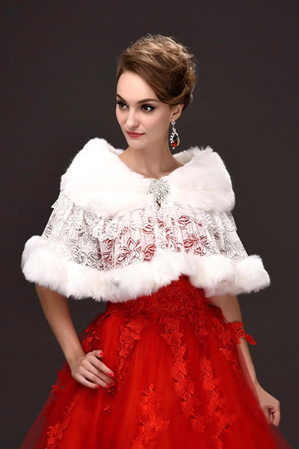 White Ivory Women Bridal Wrap Bolero Faux Fur Lace Crystal Autumn Winter Dress Shawl Jacket Cape Stole Cloak Wedding Accessories image 2