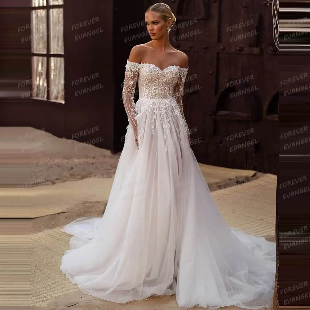 Luxe Appliques Trouwjurken Vrouw A-Lijn Sexy Liefje Off Shoulder Lange Mouw Pluizige Tule Bruid Jurken Vestidos Novia