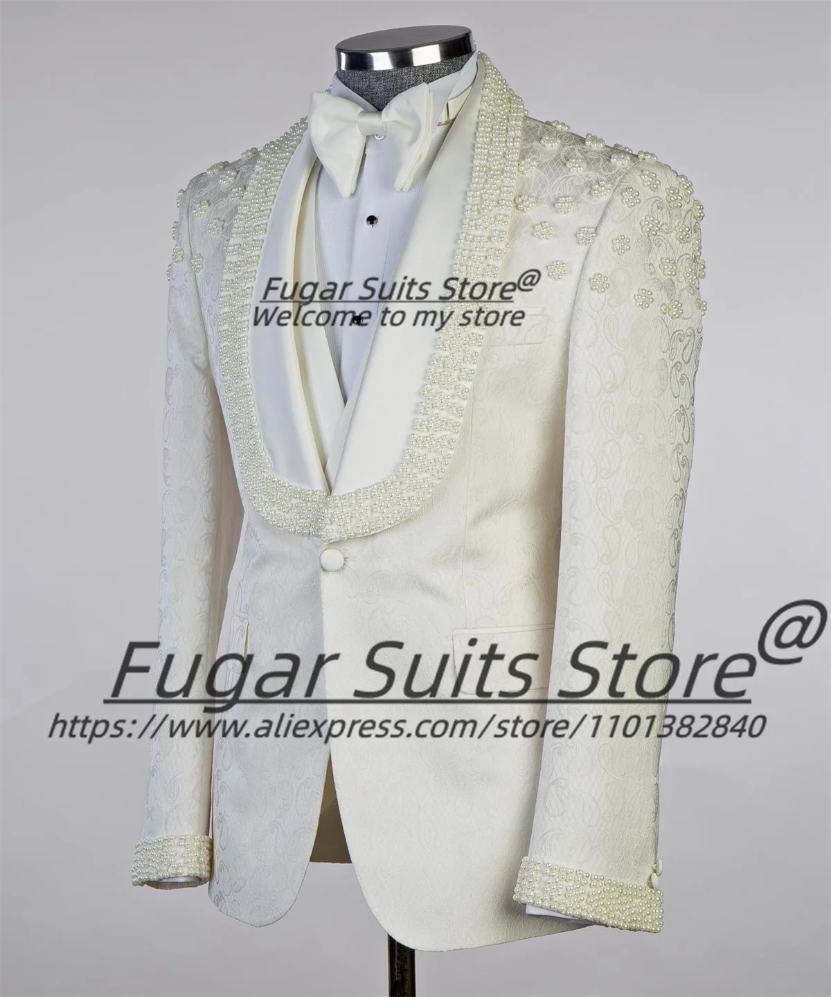 Luxus Weiß Perlenstickerei Männer Anzüge Slim Fit Schal Revers Bräutigam Hochzeit Smoking 3-teiliges Sets Elegante Männliche Blazer Prom Ropa Hombre