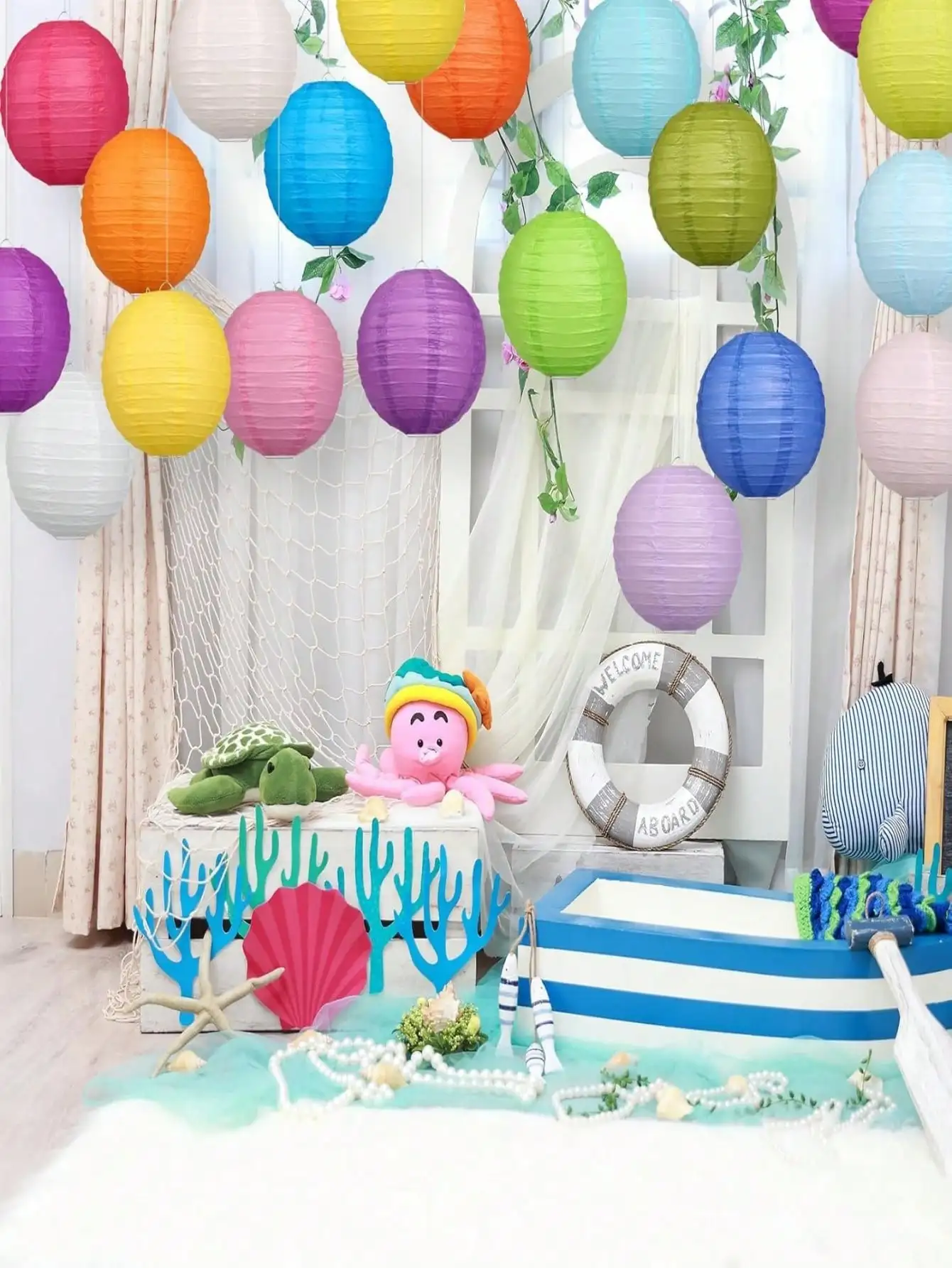 6 Pcs Jelly Fish Paper Lanterns, Pink Green Blue, for Mermaid Sea Theme Party & Event Decor