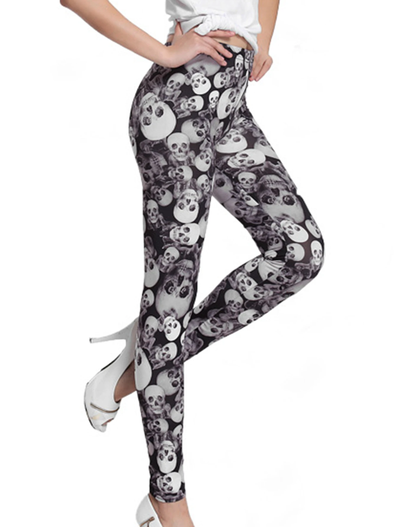 New European And American Milk Silk Skull Printed Leggings Fashion Thin Selling High Stretch Tight Nine-point Pants Women