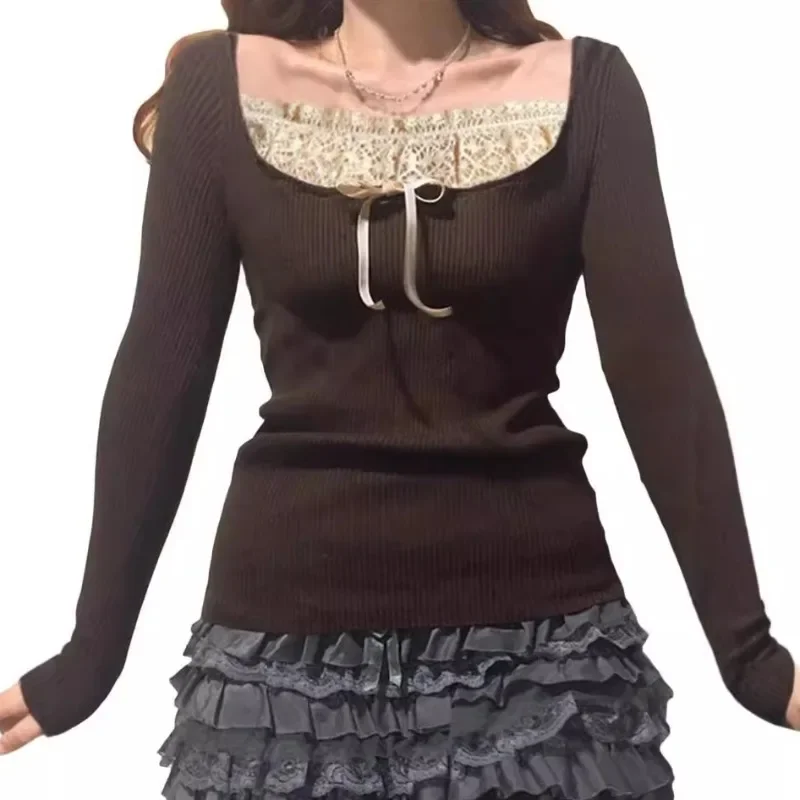 

Y2k Women's Long Sleeve Knitted Blouse Lace Stitching Neckline Knitwear Bowknot Decoration Slim-Fit Tshirt Pullovers Clubwear