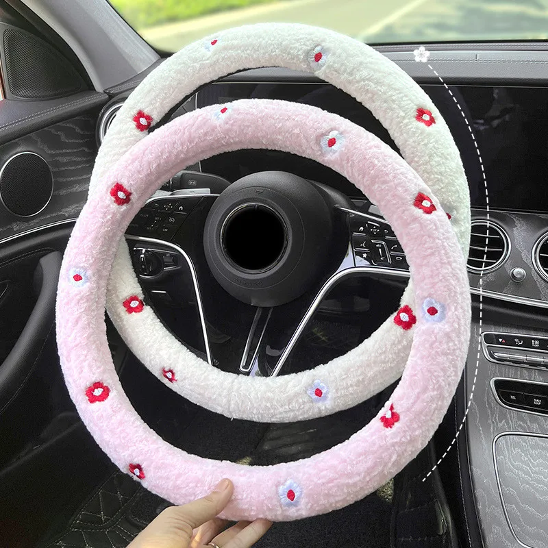 WInter Warm Soft Plush Embroidery Flower Car Interior Accessories 38cm Car Steering Wheel Cover Handble Cover