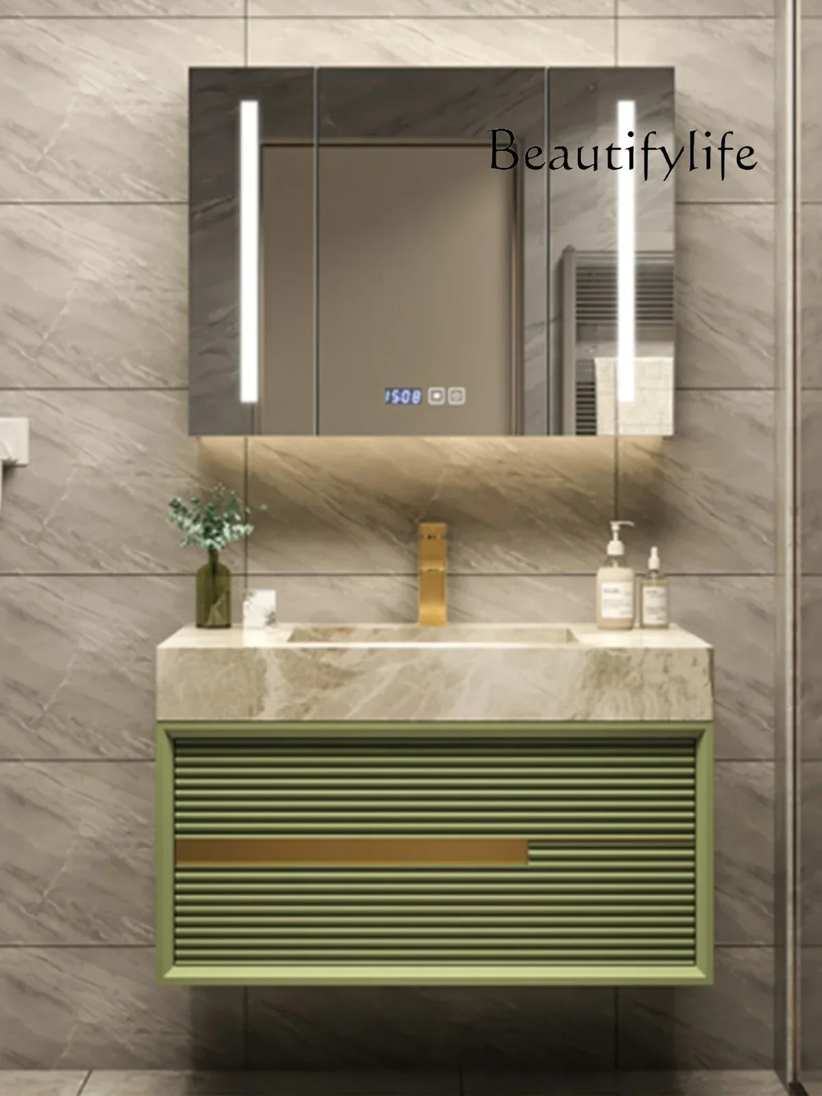 Slate bathroom cabinet Modern light luxury washbasin Oak washstand Hand wash double basin Smart mirror cabinet